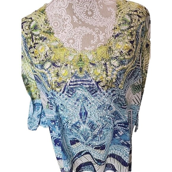 Chico's Blue/Lime Scalloped Lace Sequin & Pearl Print Chiffon Hem Top Xlarge - Picture 2 of 8